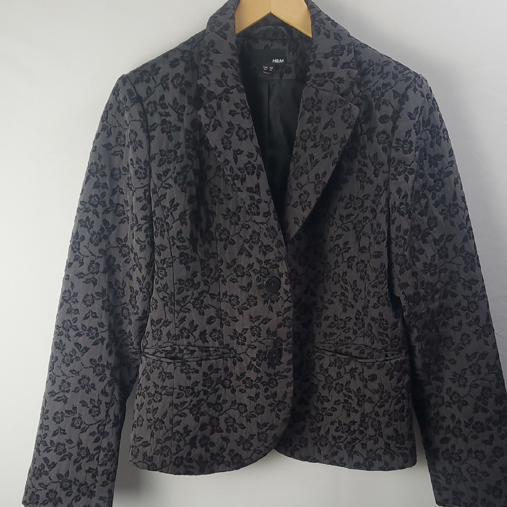 H&M Women's Black Whimsical Goth Floral Women's Blazer Sz 14 Career